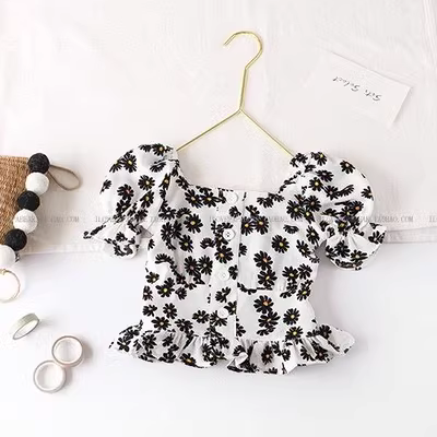 Áo sơ mi bé gái phong cách hàn quốc, sơ mi mỏng, sơ mi bé gái, quần áo trẻ em, thời trang cho bé, áo voan hoa tay ngắn - Áo sơ mi